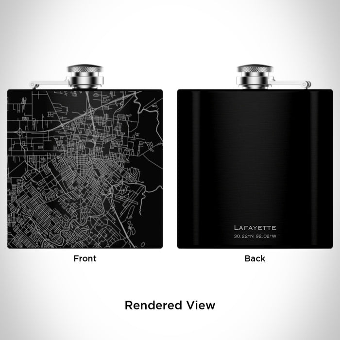 Rendered View of Lafayette Louisiana Map Engraving on 6oz Stainless Steel Flask in Black