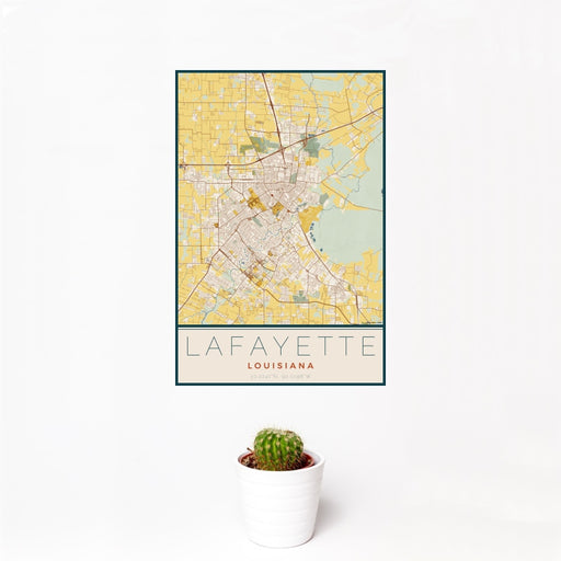 12x18 Lafayette Louisiana Map Print Portrait Orientation in Woodblock Style With Small Cactus Plant in White Planter