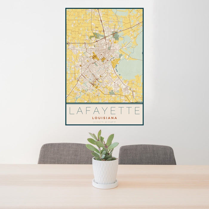 24x36 Lafayette Louisiana Map Print Portrait Orientation in Woodblock Style Behind 2 Chairs Table and Potted Plant