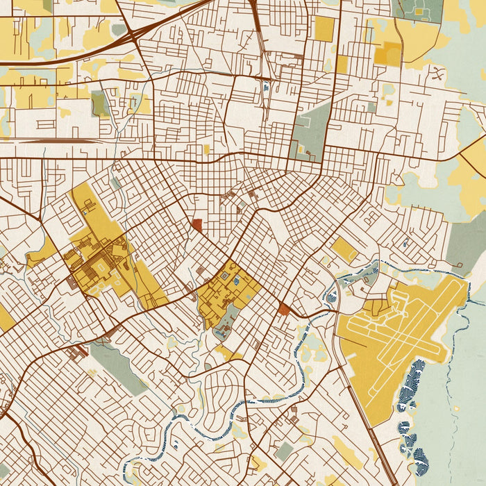 Lafayette Louisiana Map Print in Woodblock Style Zoomed In Close Up Showing Details