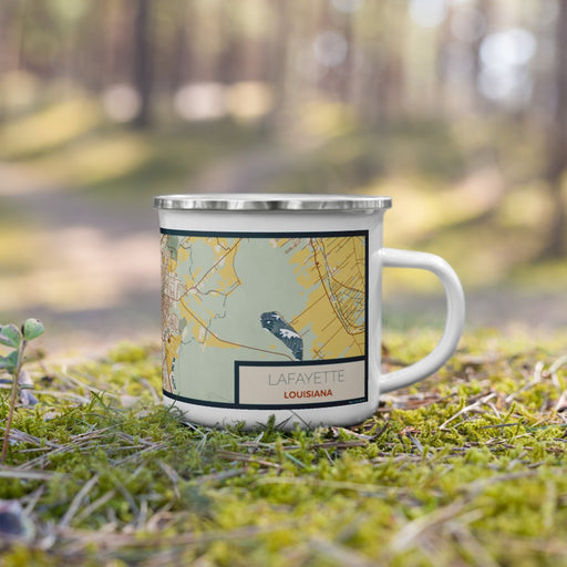 Right View Custom Lafayette Louisiana Map Enamel Mug in Woodblock on Grass With Trees in Background