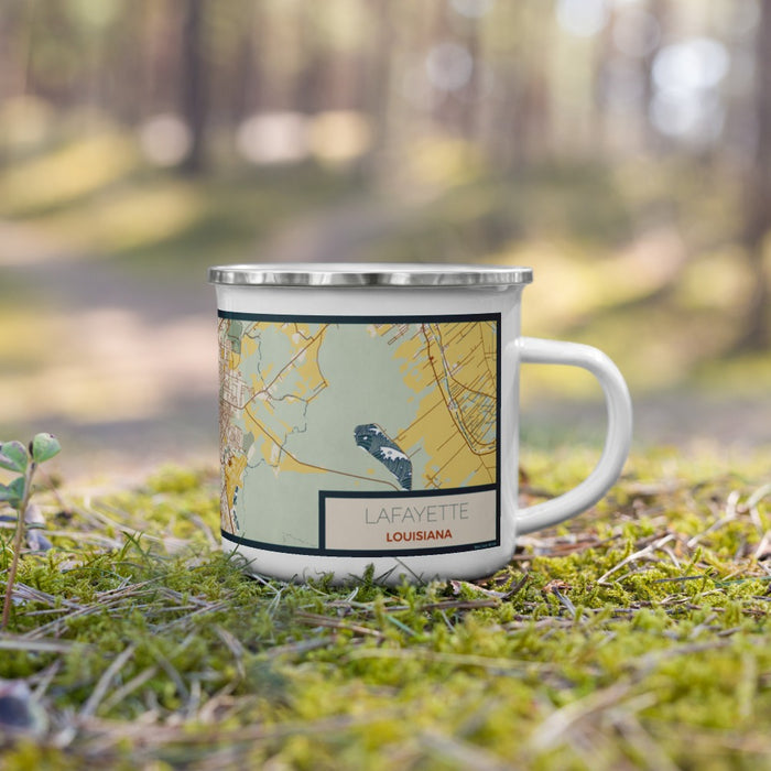 Right View Custom Lafayette Louisiana Map Enamel Mug in Woodblock on Grass With Trees in Background