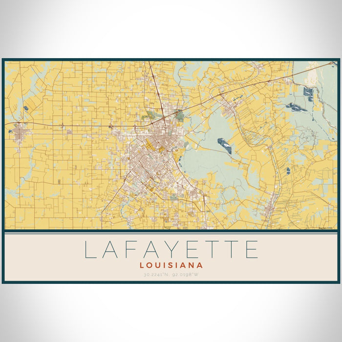 Lafayette Louisiana Map Print Landscape Orientation in Woodblock Style With Shaded Background