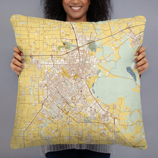 Person holding 22x22 Custom Lafayette Louisiana Map Throw Pillow in Woodblock