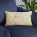 Custom Lafayette Louisiana Map Throw Pillow in Woodblock on Blue Colored Chair