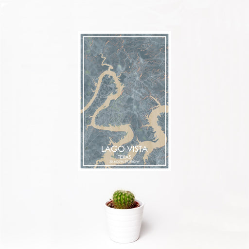12x18 Lago Vista Texas Map Print Portrait Orientation in Afternoon Style With Small Cactus Plant in White Planter
