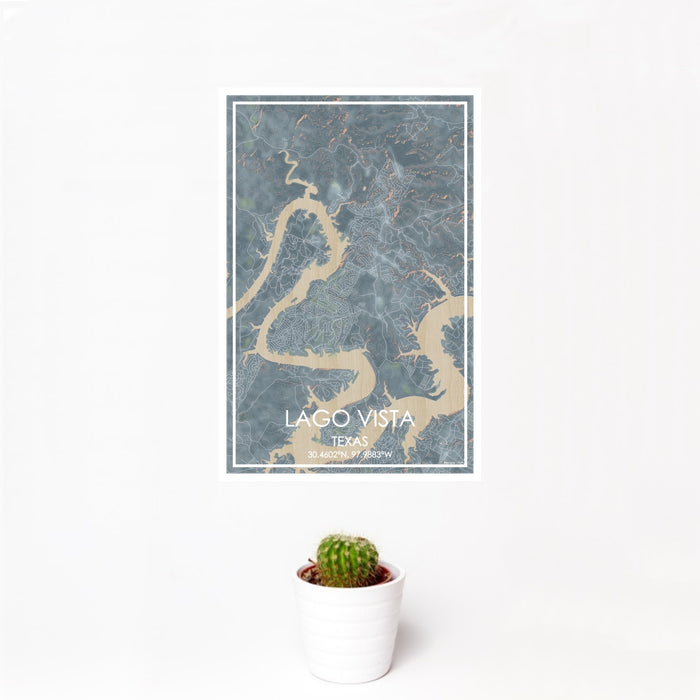 12x18 Lago Vista Texas Map Print Portrait Orientation in Afternoon Style With Small Cactus Plant in White Planter