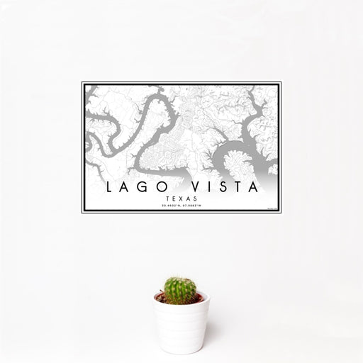 12x18 Lago Vista Texas Map Print Landscape Orientation in Classic Style With Small Cactus Plant in White Planter