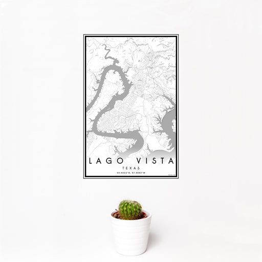 12x18 Lago Vista Texas Map Print Portrait Orientation in Classic Style With Small Cactus Plant in White Planter