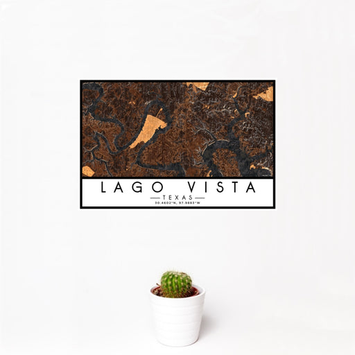 12x18 Lago Vista Texas Map Print Landscape Orientation in Ember Style With Small Cactus Plant in White Planter