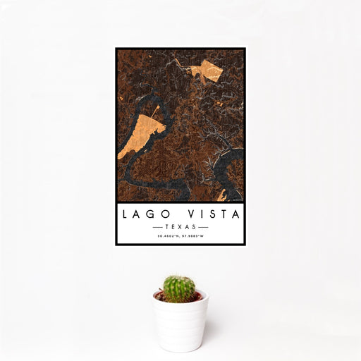 12x18 Lago Vista Texas Map Print Portrait Orientation in Ember Style With Small Cactus Plant in White Planter