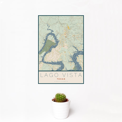 12x18 Lago Vista Texas Map Print Portrait Orientation in Woodblock Style With Small Cactus Plant in White Planter