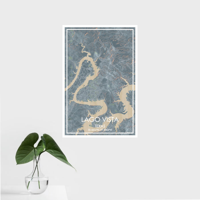 16x24 Lago Vista Texas Map Print Portrait Orientation in Afternoon Style With Tropical Plant Leaves in Water