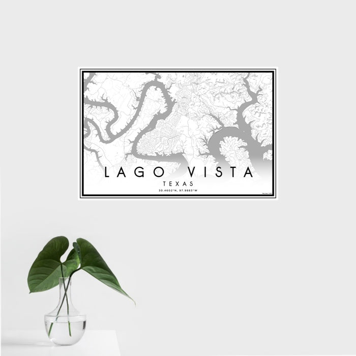 16x24 Lago Vista Texas Map Print Landscape Orientation in Classic Style With Tropical Plant Leaves in Water