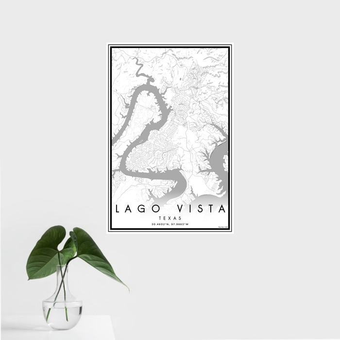 16x24 Lago Vista Texas Map Print Portrait Orientation in Classic Style With Tropical Plant Leaves in Water