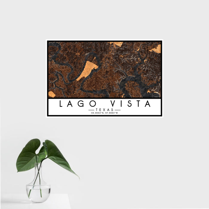 16x24 Lago Vista Texas Map Print Landscape Orientation in Ember Style With Tropical Plant Leaves in Water
