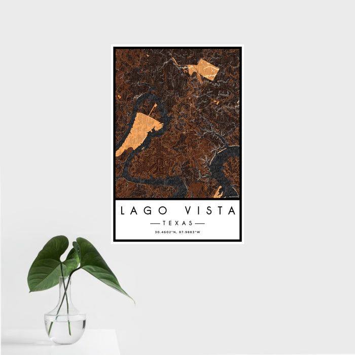 16x24 Lago Vista Texas Map Print Portrait Orientation in Ember Style With Tropical Plant Leaves in Water