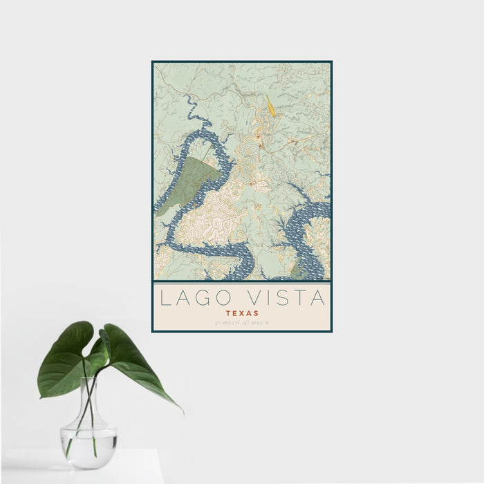 16x24 Lago Vista Texas Map Print Portrait Orientation in Woodblock Style With Tropical Plant Leaves in Water