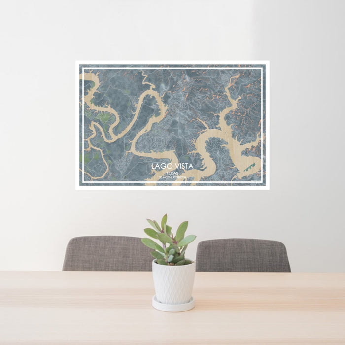 24x36 Lago Vista Texas Map Print Lanscape Orientation in Afternoon Style Behind 2 Chairs Table and Potted Plant