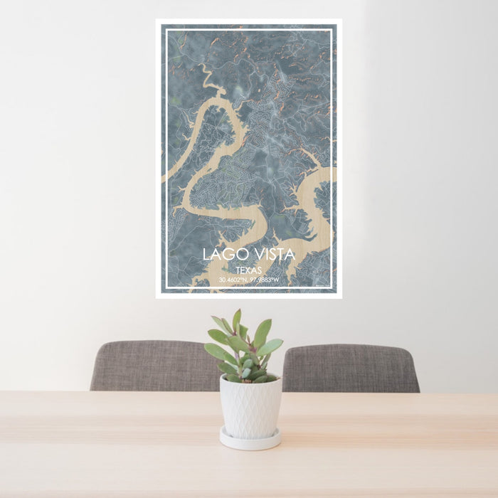 24x36 Lago Vista Texas Map Print Portrait Orientation in Afternoon Style Behind 2 Chairs Table and Potted Plant