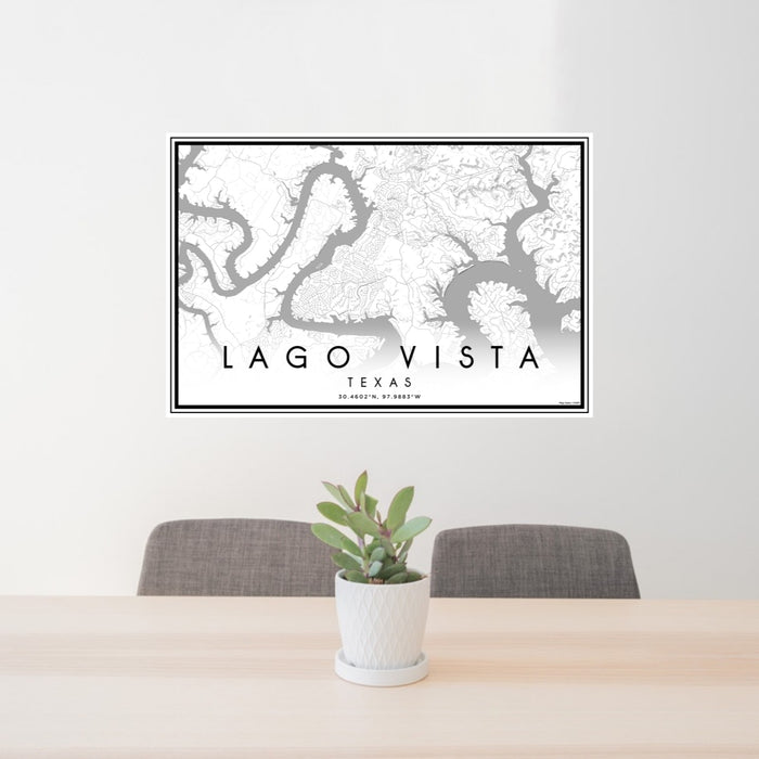 24x36 Lago Vista Texas Map Print Lanscape Orientation in Classic Style Behind 2 Chairs Table and Potted Plant
