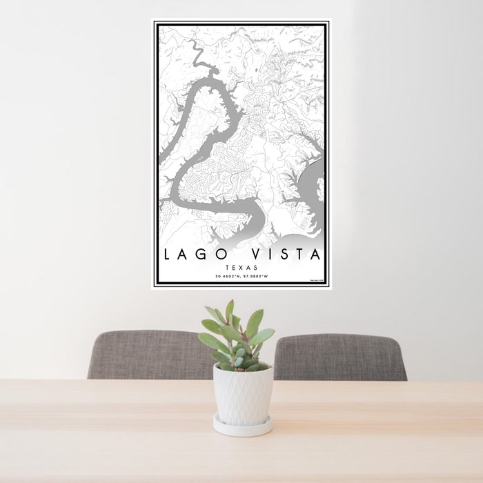 24x36 Lago Vista Texas Map Print Portrait Orientation in Classic Style Behind 2 Chairs Table and Potted Plant