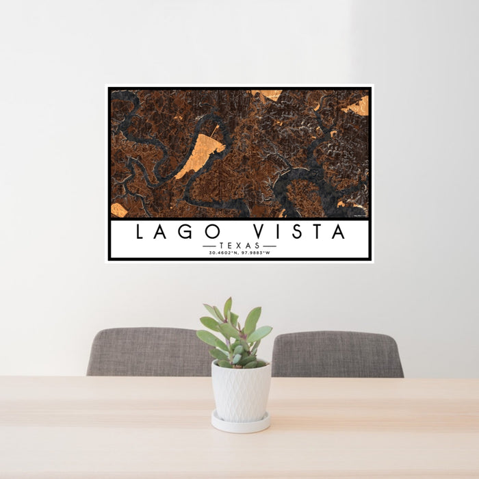 24x36 Lago Vista Texas Map Print Lanscape Orientation in Ember Style Behind 2 Chairs Table and Potted Plant