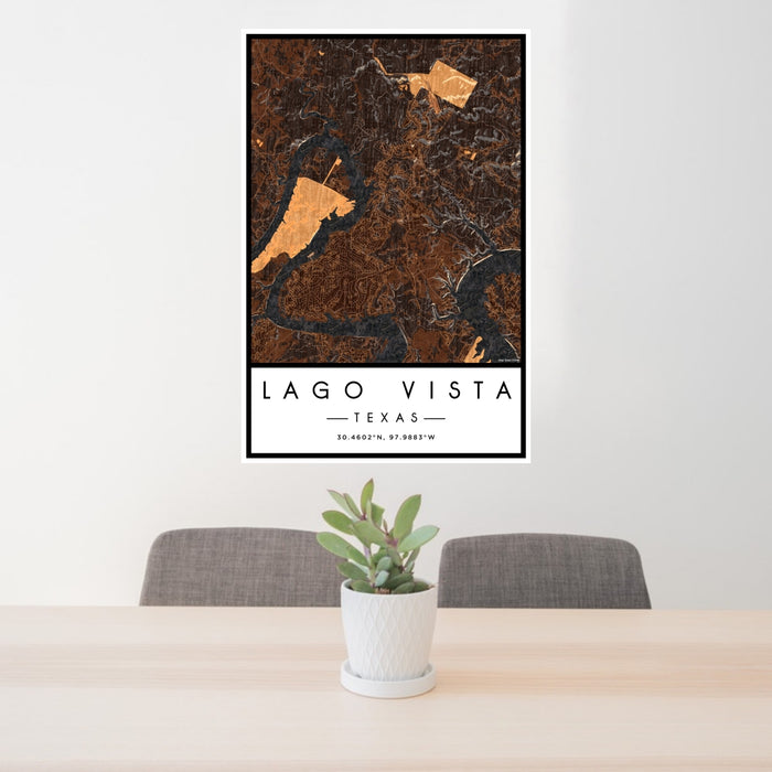 24x36 Lago Vista Texas Map Print Portrait Orientation in Ember Style Behind 2 Chairs Table and Potted Plant