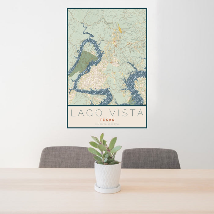 24x36 Lago Vista Texas Map Print Portrait Orientation in Woodblock Style Behind 2 Chairs Table and Potted Plant