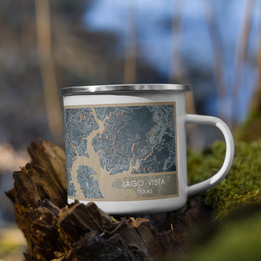 Right View Custom Lago Vista Texas Map Enamel Mug in Afternoon on Grass With Trees in Background