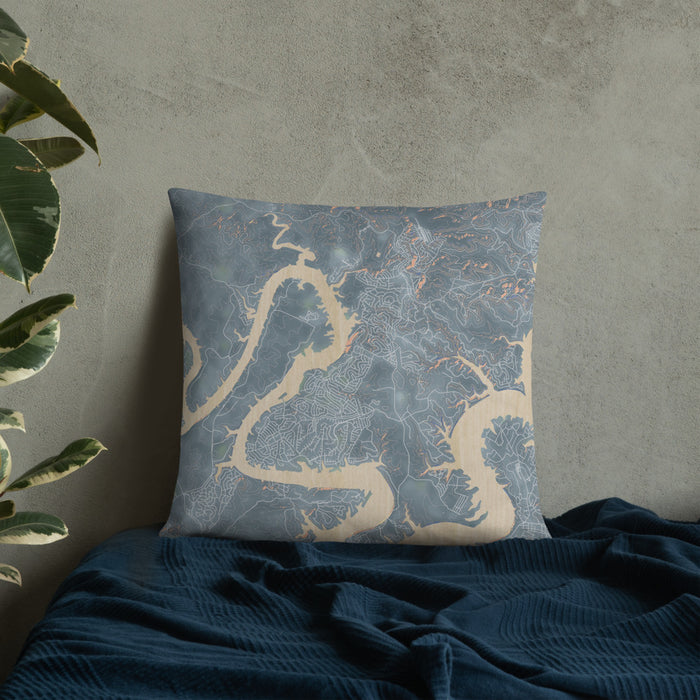 Custom Lago Vista Texas Map Throw Pillow in Afternoon on Bedding Against Wall