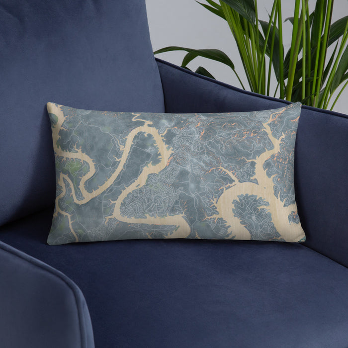 Custom Lago Vista Texas Map Throw Pillow in Afternoon on Blue Colored Chair