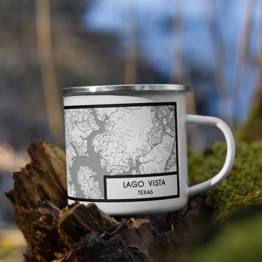 Right View Custom Lago Vista Texas Map Enamel Mug in Classic on Grass With Trees in Background