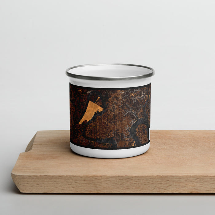 Front View Custom Lago Vista Texas Map Enamel Mug in Ember on Cutting Board