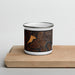 Front View Custom Lago Vista Texas Map Enamel Mug in Ember on Cutting Board