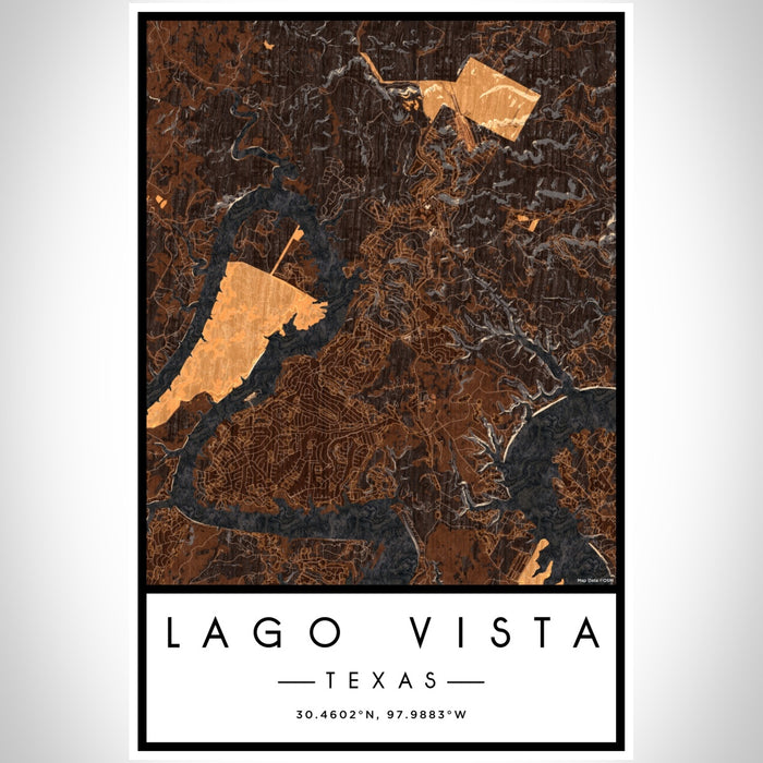 Lago Vista Texas Map Print Portrait Orientation in Ember Style With Shaded Background