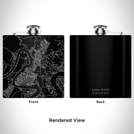 Rendered View of Lago Vista Texas Map Engraving on 6oz Stainless Steel Flask in Black