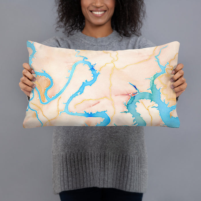 Person holding 20x12 Custom Lago Vista Texas Map Throw Pillow in Watercolor