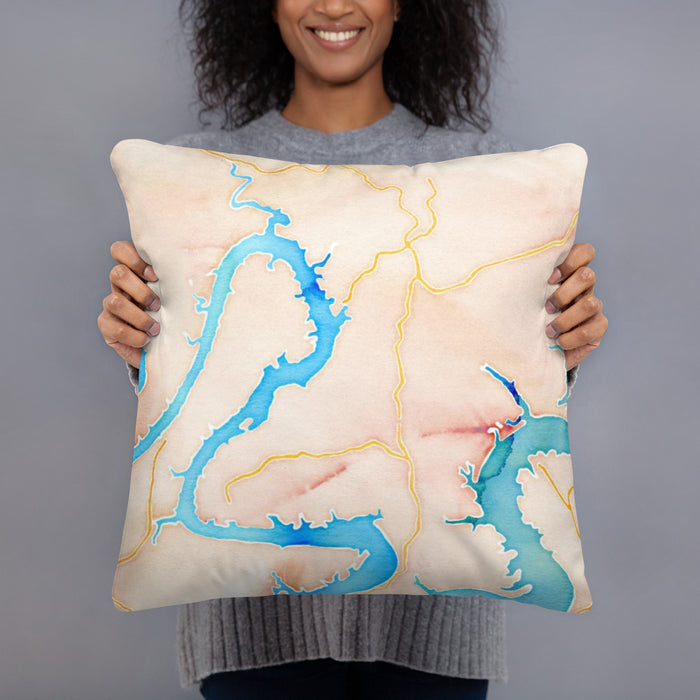Person holding 18x18 Custom Lago Vista Texas Map Throw Pillow in Watercolor