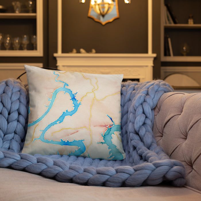 Custom Lago Vista Texas Map Throw Pillow in Watercolor on Cream Colored Couch