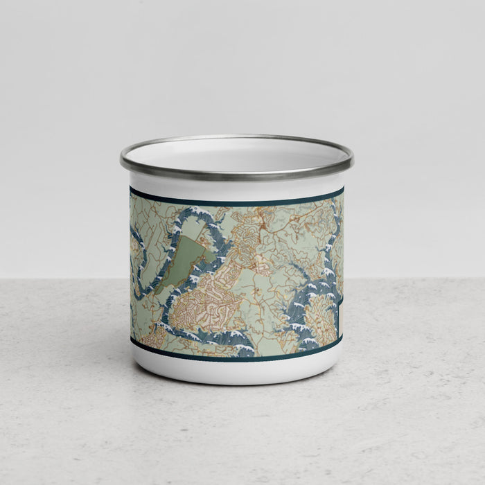 Front View Custom Lago Vista Texas Map Enamel Mug in Woodblock