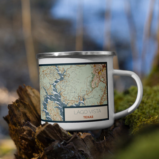 Right View Custom Lago Vista Texas Map Enamel Mug in Woodblock on Grass With Trees in Background