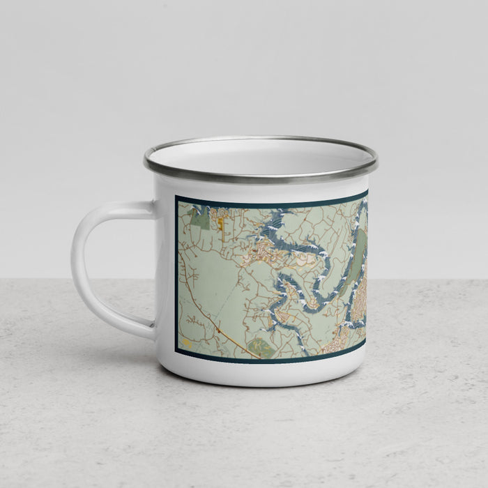Left View Custom Lago Vista Texas Map Enamel Mug in Woodblock