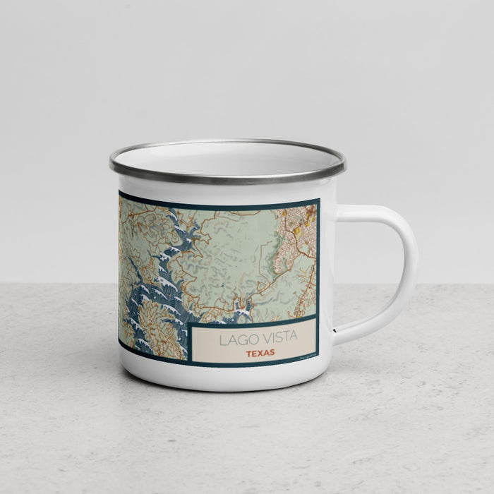 Right View Custom Lago Vista Texas Map Enamel Mug in Woodblock