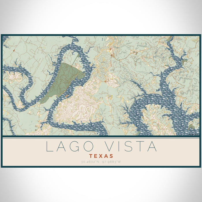 Lago Vista Texas Map Print Landscape Orientation in Woodblock Style With Shaded Background