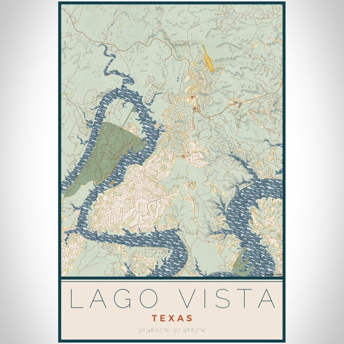 Lago Vista Texas Map Print Portrait Orientation in Woodblock Style With Shaded Background