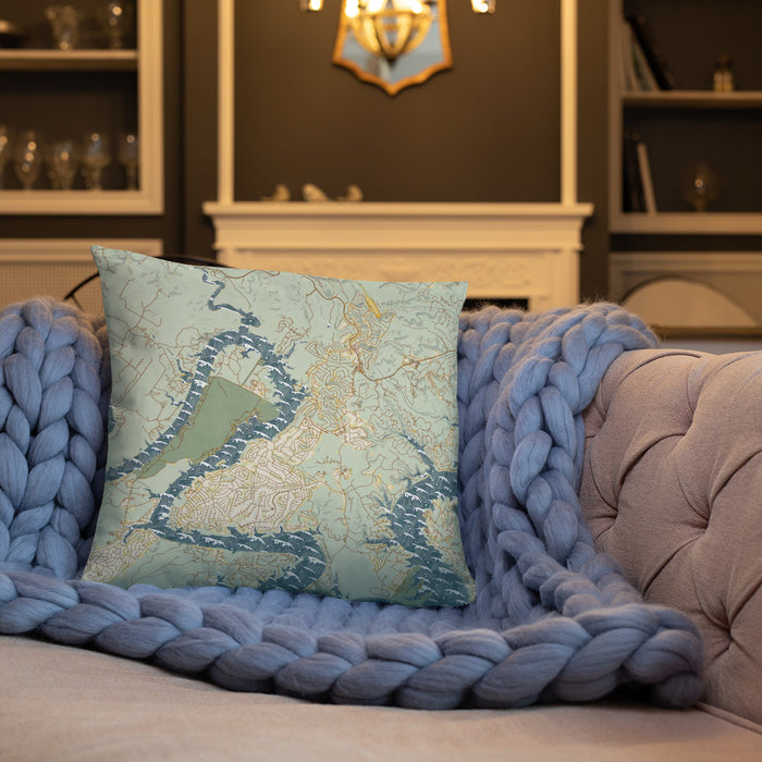 Custom Lago Vista Texas Map Throw Pillow in Woodblock on Cream Colored Couch
