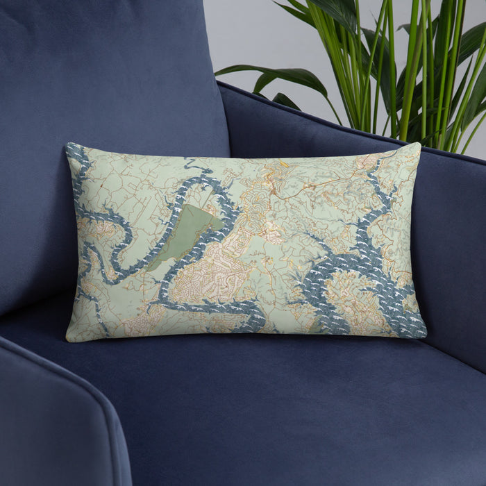 Custom Lago Vista Texas Map Throw Pillow in Woodblock on Blue Colored Chair