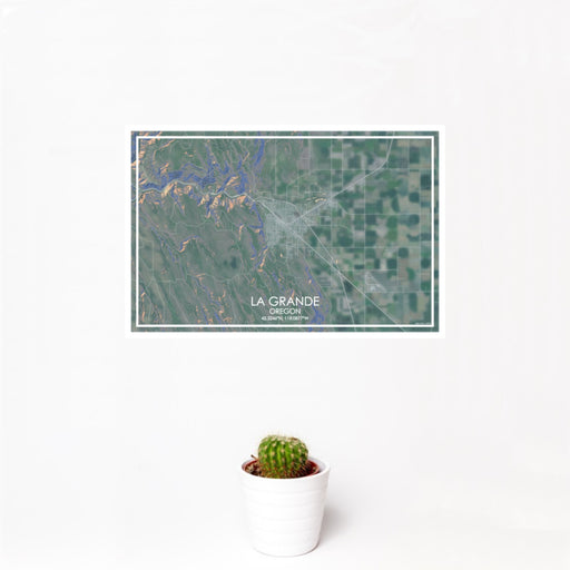 12x18 La Grande Oregon Map Print Landscape Orientation in Afternoon Style With Small Cactus Plant in White Planter