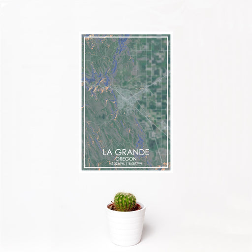 12x18 La Grande Oregon Map Print Portrait Orientation in Afternoon Style With Small Cactus Plant in White Planter